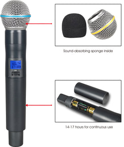 innopow audio Metal Dual UHF Wireless Microphone System,inp Metal Cordless Mic set, Long Distance 150-200Ft ,16 Hours Continuous Use for Family Party,Church,Small karaoke Night (WM200)