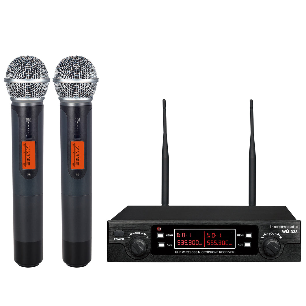 innopow audio 200-Channel Dual UHF Wireless Microphone System, Metal Cordless Mic Set, Auto Scan, Long Distance 200-240Ft,16 Hours Continuous Use for Family Party, Church, Karaoke Night (2022 New Version)