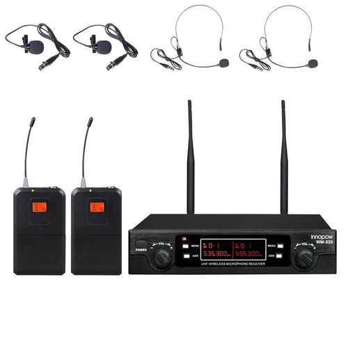 innopow audio 80-Channel Dual UHF Wireless Microphone System,inp cordless mic set,1 Headset& 2 Lapel Lavalier Microphone, Long Distance 200-240Ft Prevent Interference,16 Hours Use for Church, Weddings
