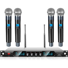 Load image into Gallery viewer, innopow audio 4-Channel Metal Dual UHF Wireless Microphone System,inp Metal Cordless Mic Set, 4Handheld Mics,Long Distance150-200Ft,Ideal for Church, Party,Small Karaoke Night